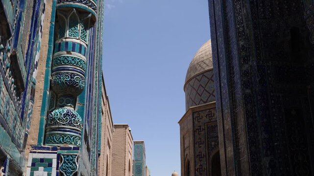 Samarkand, Uzbekistan - May 28, 2025: Shah-i-Zinda (Uzbek: Shohizinda; meaning "The Living King") is a necropolis in the north-eastern part of Samarkand. (from bottom to top)