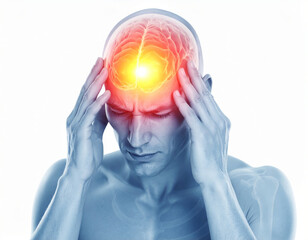 Obraz premium Studio portrait of a person holding temples with highlighted head pain overlay, migraine and headache concept, neurology and health care awareness on white background