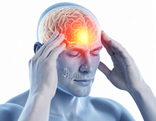 Obraz premium Studio portrait of a person holding temples with highlighted head pain overlay, migraine and headache concept, neurology and health care awareness on white background