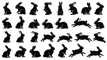 Fototapeta premium Large collection of black rabbit silhouettes in various active and resting poses like jumping running and sitting on an isolated white background.