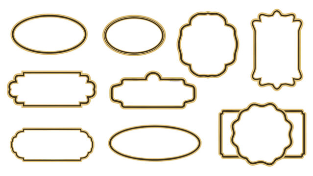 Collection of elegant gold and black frames with various shapes like oval and decorative rectangles for wedding invitations or product labels.
