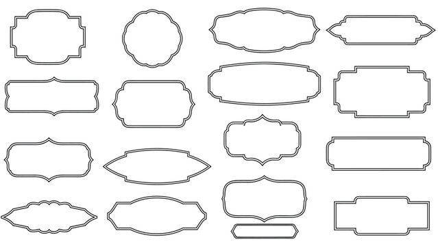Set of eighteen different empty black line decorative frames and borders with various ornamental shapes for use in professional graphic design.