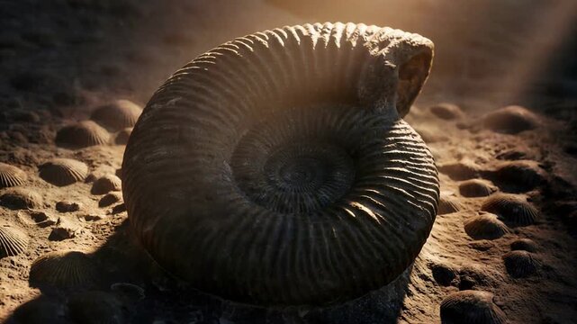 Fossilized ammonite shell found in prehistoric sediment. Ancient marine mollusk embedded in rocky terrain. Geological relic representing era of Jurassic period life.