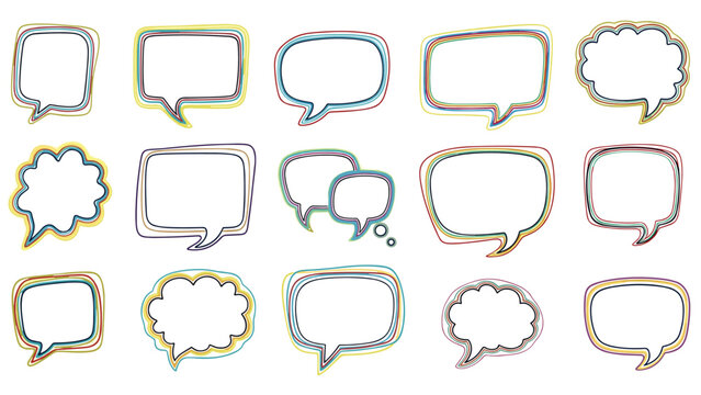 Wide variety of hand drawn speech and thought bubbles with colorful multi-line borders for use in comic books or creative graphic layouts.