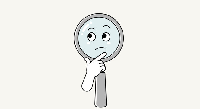 A cartoon character holding a magnifying glass with a puzzled expression.