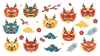 Obraz premium Colorful collection of mythical dragon heads and traditional asian symbols like clouds cherry blossoms and pine branches for new year festivals.