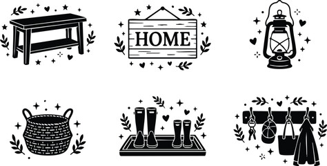 Black and white line art home decor icons bench lantern basket boot rack