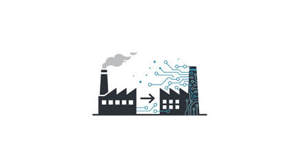 Naklejka premium Industrial Evolution: Digital Transformation in Manufacturing with a Factory Illustration