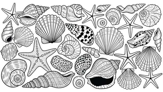Detailed black and white line drawings of various sea shells and starfish are arranged in a crowded composition.