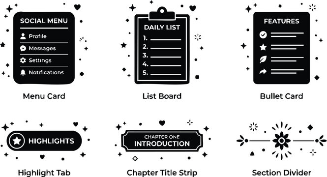 Black and white social menu daily list bullet card highlight tab chapter title strip and section divider vector art