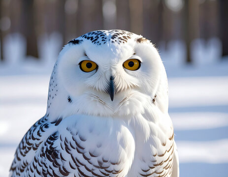 Snowy owl facing camera in snowy landscape, intense gaze wildlife concept 雪景色の中で正面を見つめるシロフクロウの鋭い視線