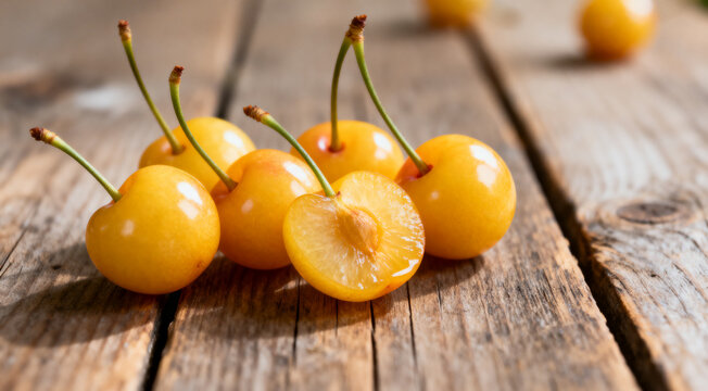 Fresh yellow cherry plums on wooden surface, natural light, close-up