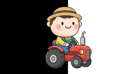 Obraz premium A cartoon boy driving a red tractor.
