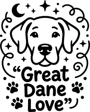Black and white line art great dane dog face with paw prints and stars