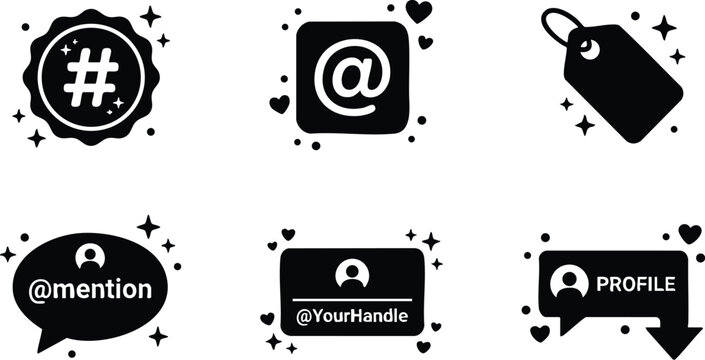 Black and white social media icon set with hashtag at mention and profile symbols
