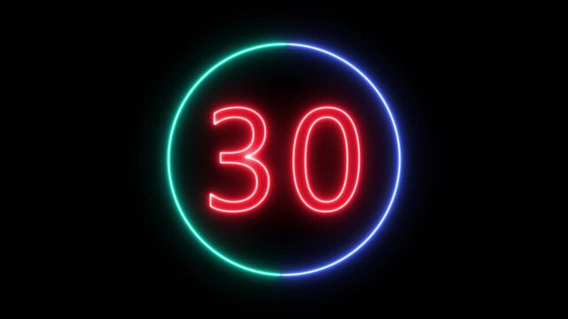 Neon Circle countdown timer animation from 35 to 0 second animation on black background. 35 second countdown timer. High quality 4K video.