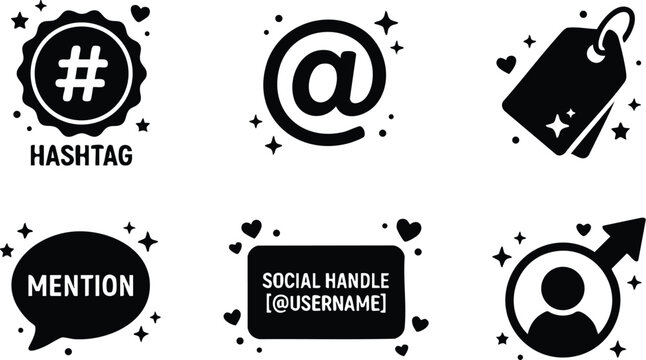 Black and white social media icons with hashtag mention and user handle
