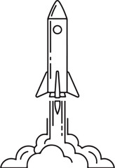 Fototapeta premium Rocket launch, space exploration, vector illustration, black and white, line art, rocket ship