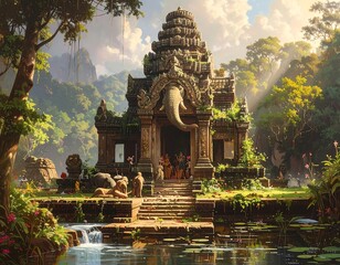 Obraz premium A serene temple surrounded by lush greenery and a small waterfall