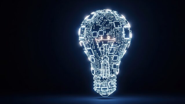 Digital light bulb with microchips and circuits representing innovation and AI