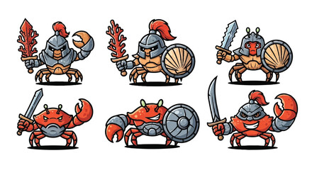 Cartoon crab warriors with swords and shields on white background © monkey