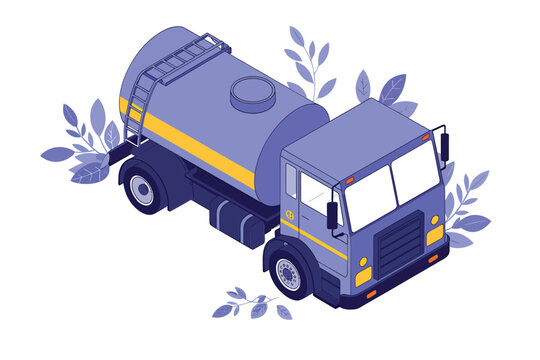 Isometric illustration of a purple and yellow septic tank truck with foliage