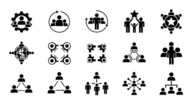 Group teamwork and collaboration icons depicting teamwork, leadership, and group dynamics in a workplace setting.