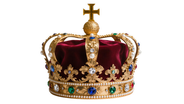 Ornate Gold Crown with Red Velvet Cushion and Jeweled Cross