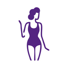 Logotipo con dibujo con líneas de una mujer con pelo corto y bikini de estilo retro, posando de pie con una mano levantada  © teracreonte