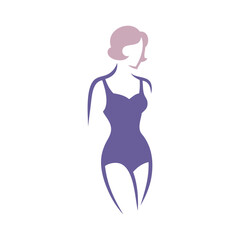Logotipo con dibujo con líneas de una mujer con pelo corto y bikini de estilo retro, posando de pie © teracreonte