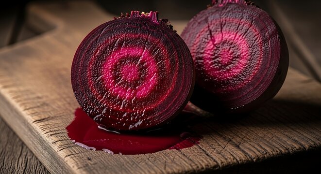 Freshly cut red beetroot halves with vibrant pulp and juice dripping on rustic wooden board.