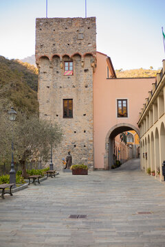 Main entrance to the ancient medieval village of Zuccarello, located in the Neva River valley, in the province of Savona, Liguria, Italy.