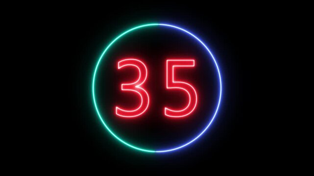 Neon Circle countdown timer animation from 40 to 0 second animation on black background. High quality 4K video.