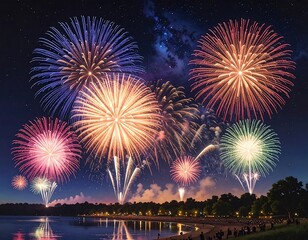 Fototapeta premium Vibrant fireworks exploding over serene lake at dusk