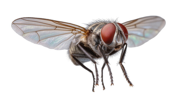 Detailed Common Housefly with Red Eyes and Fuzzy Body