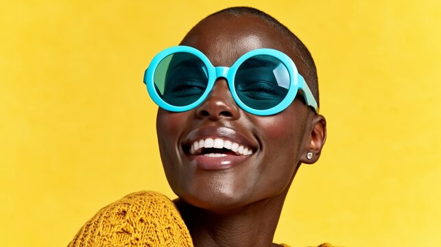 African woman with short hair wearing oversized blue sunglasses and a yellow sweater, smiling against a bright yellow background, showcasing a vibrant fashion style