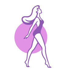 Logotipo con dibujo con líneas de una mujer con bikini de estilo retro y pelo largo andando con un círculo de fondo  © teracreonte