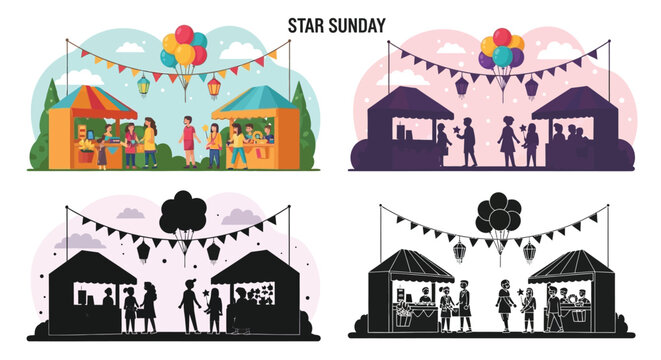 Festive market scene with colorful stalls and happy people celebrating