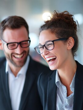 office colleagues laughing together with business background
