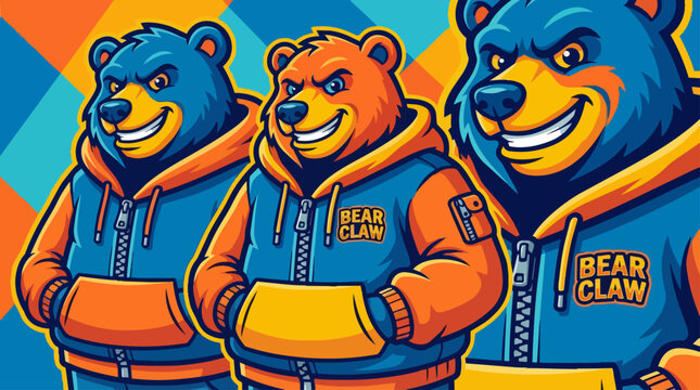 Three cartoon bears wearing hoodies.