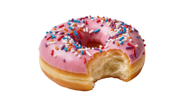 Pink frosted donut with sprinkles and missing bite