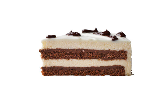 Layered chocolate cake slice, topped with creamy frosting and rich chocolate ganache