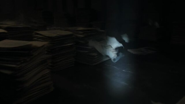 In a dark, forgotten archive, a single beam of light sweeps over vast piles of old papers and files, searching through secrets hidden in the dust and shadows.