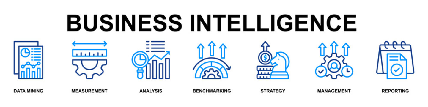 Business Intellegence Banner Web Line Color Icon Vector Illustration Concept for Business with Icons of Data Mining, Measurement, Analysis, Benchmarking, Strategy, Management and Reporting