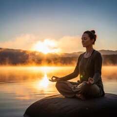 Fototapeta premium A young man sitting in the lotus position finds peace while meditating on the beach at sunset, his silhouette reflecting against the summer ocean and sky in a moment of pure nature relaxation