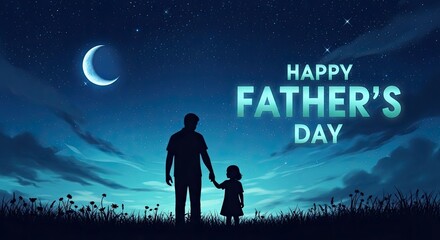 Fototapeta premium Happy father's day a silhouette of father and child gazing at the night sky
