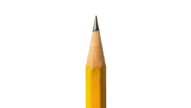 Sharp yellow pencil tip, revealing graphite core and wood grain texture