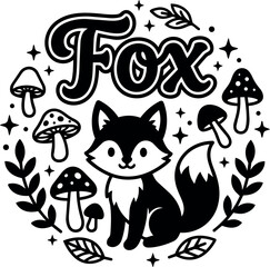 Fototapeta premium Black and white fox with mushrooms leaves and stars vector art