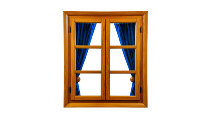 Obraz premium Wooden window frame with blue drapery curtains