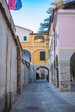 One of the main streets of the ancient medieval village of Zuccarello, located in the Neva River valley, in the province of Savona, Liguria, Italy.